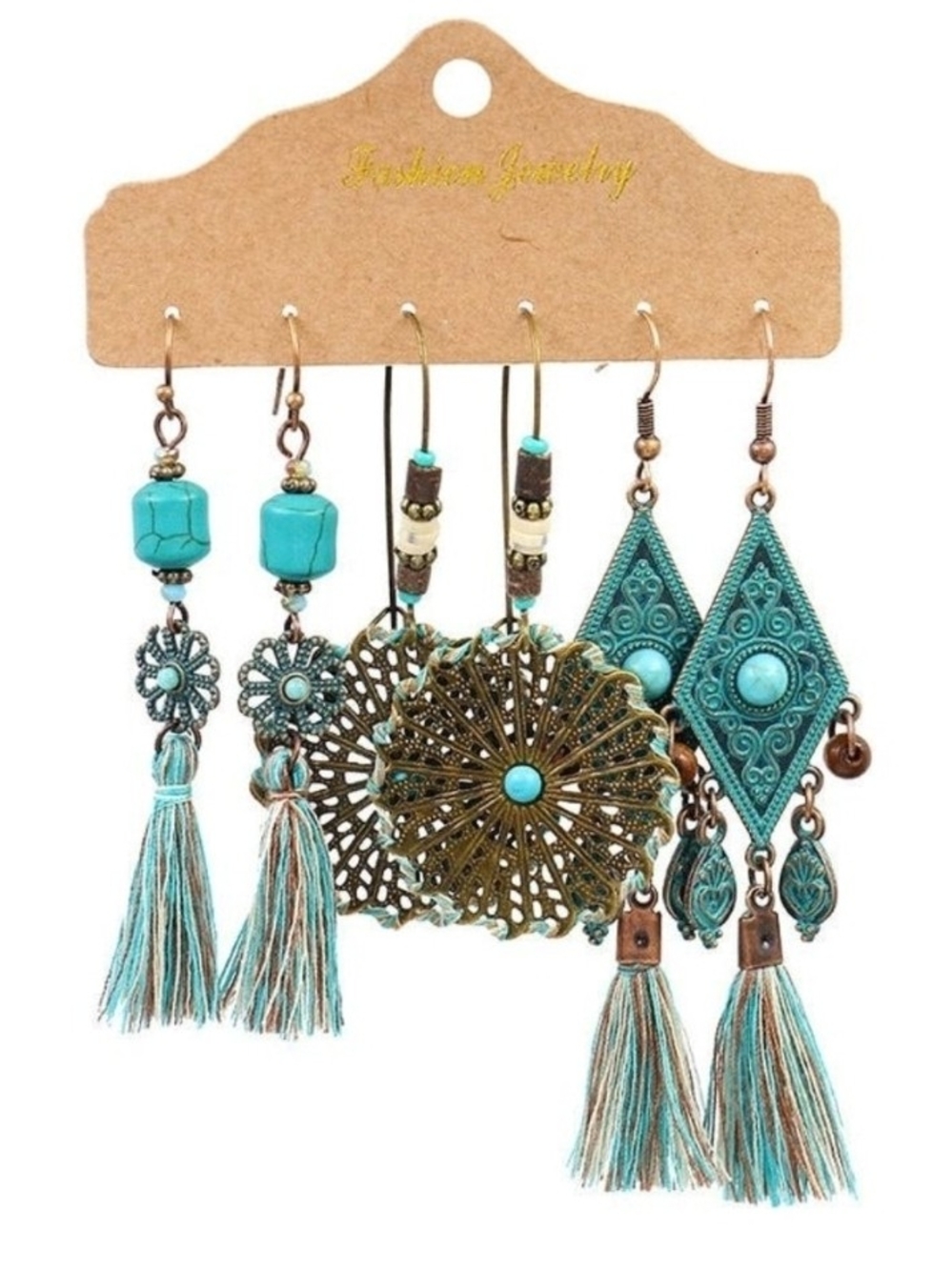 Fashion Jewelry Turquoise and Antique Gold Boho Earring Set